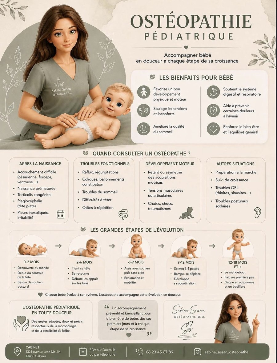 Infographie : ostéopathie pédiatrique, accompagner bébé en douceur
